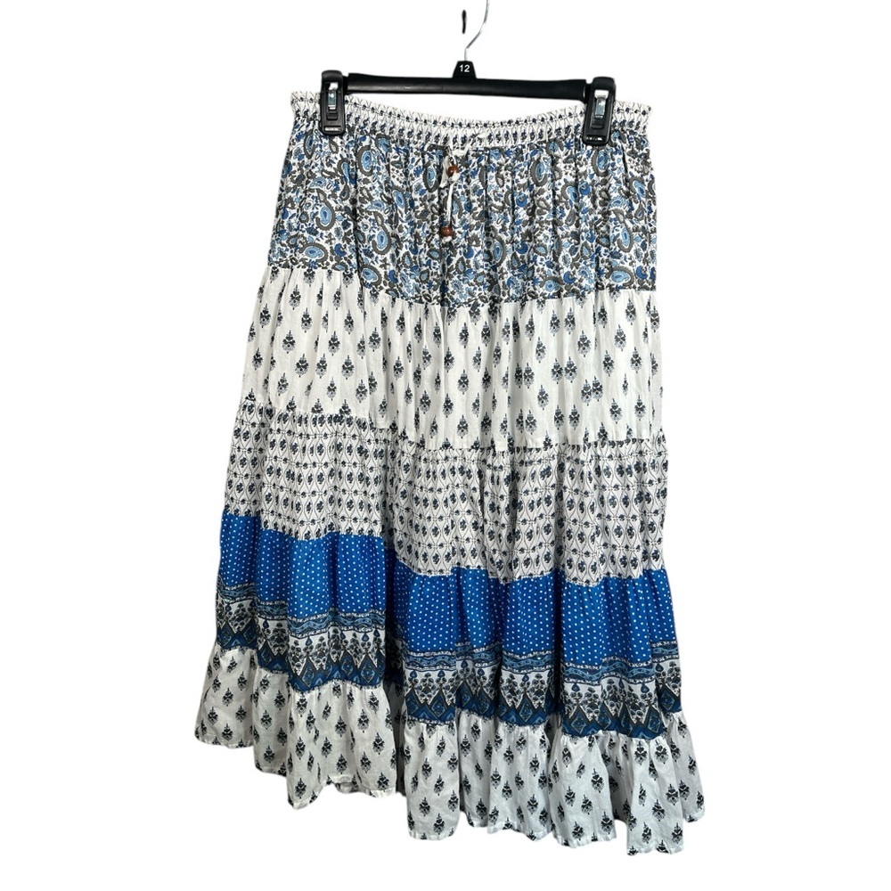 NATURLS Boho Knee Length Skirt Prairie Gypsy Hippie‎ Blue White Paisley